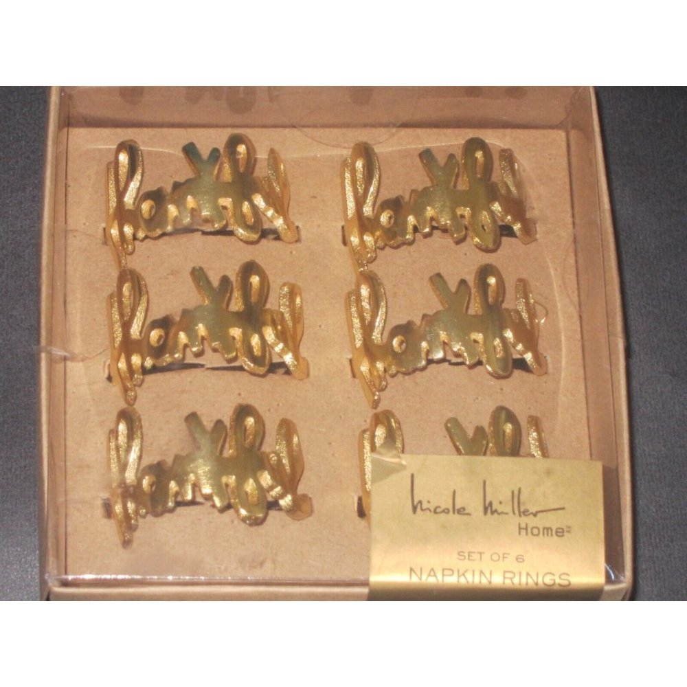Nicole Miller Thanksgiving ~ THANKFUL ~ Gold Napkin Rings boxed Set of 6